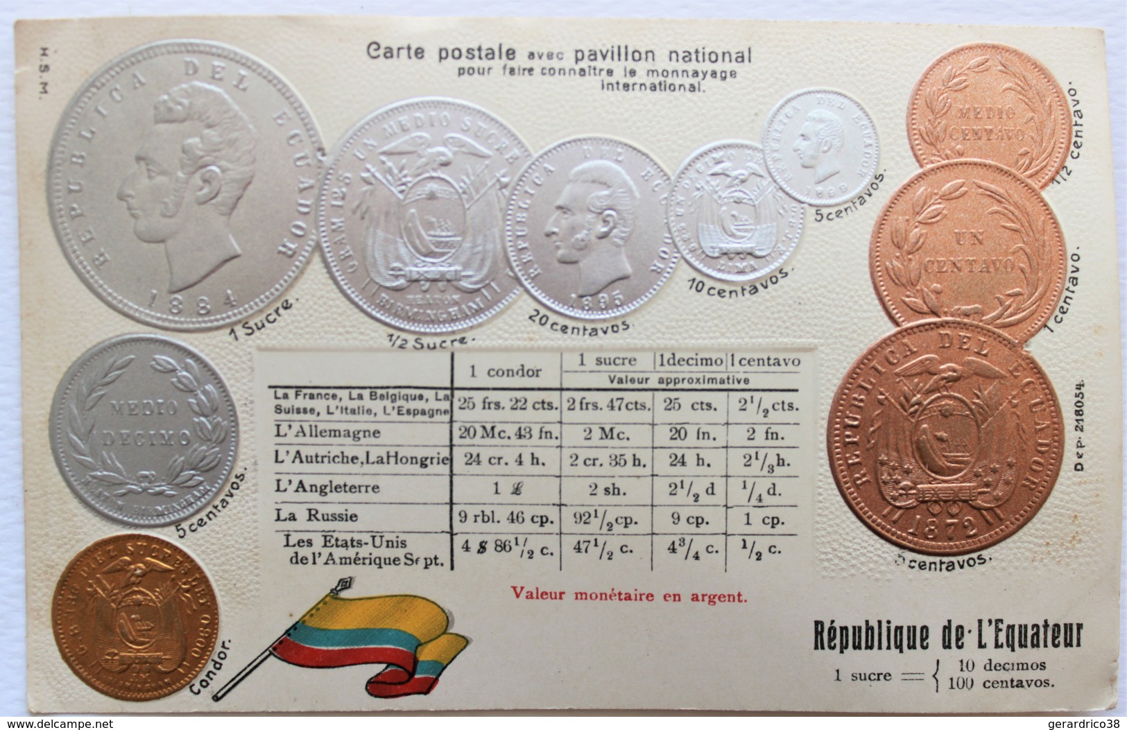 Carte Postale Représentation Des Monnaies REPUBLIQUE DE L'EQUATEUR. SUCRE.CONDOR.CENTAVOS. - Coins (pictures)