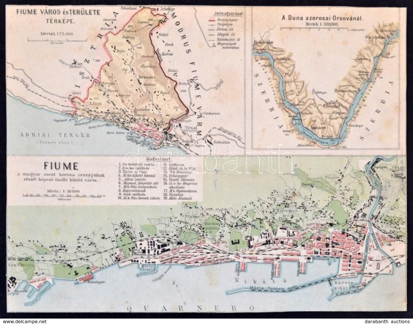 Cca 1900-1910 Fiume Térképe, és A Duna Szorosai Orsovánál, Körbevágott, Térkép, [Bp.,Magyar Földrajzi Intézet], Körbevág - Otros & Sin Clasificación