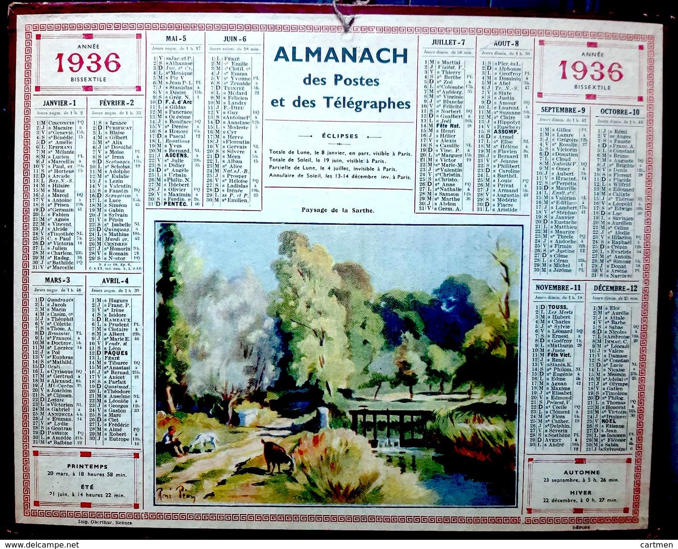 CALENDRIER 1936 DE LA POSTE PAYSAGE DE LA SARTHE COMPLET DES FEUILLETS  BEL ETAT - Other & Unclassified