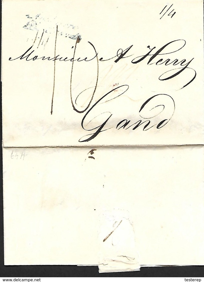 24 MAI 1816  London Naar Gent Blauwe Cursive : ANGLETERRE PAR OSTENDE  Port 10 Déc. + 1/4 Maritime Mail   Herlant 49 - 1815-1830 (Période Hollandaise)