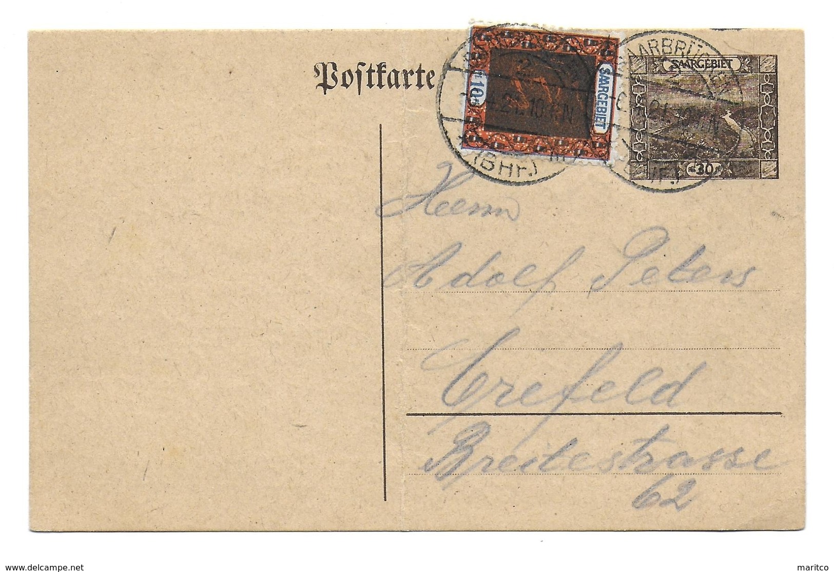 Saargebiet Postkarte Mit Zusatzfr - Postal Stationery