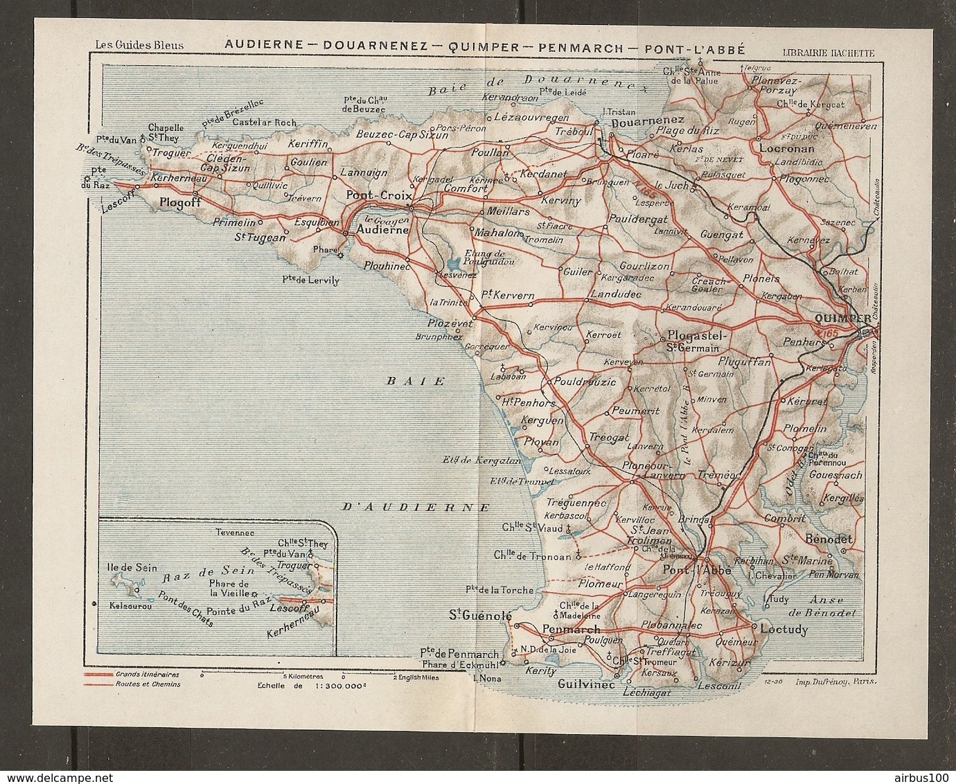 CARTE PLAN 1931 - BRETAGNE GRANDS ITINÉRAIRES - AUDIERNE DOUARNENEZ QUIMPER PENMARCH PONT LABBÉ - Topographical Maps