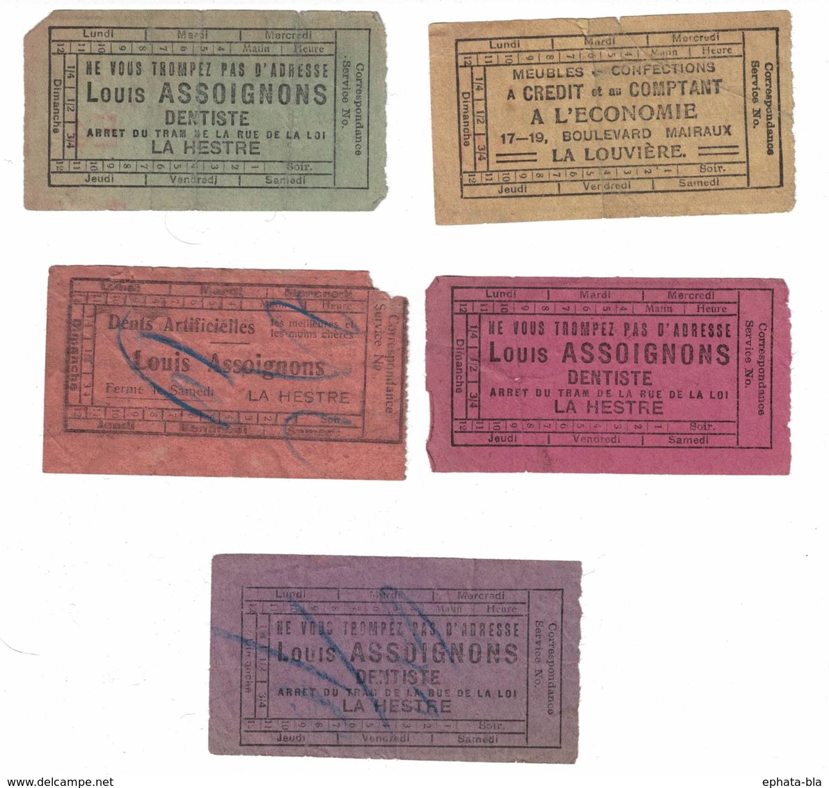 Tram. Lot De 5 Billets De La Ligne Du Centre 1. Valeurs De : 10,15, 20, 25, 35 Centimes. - Europe