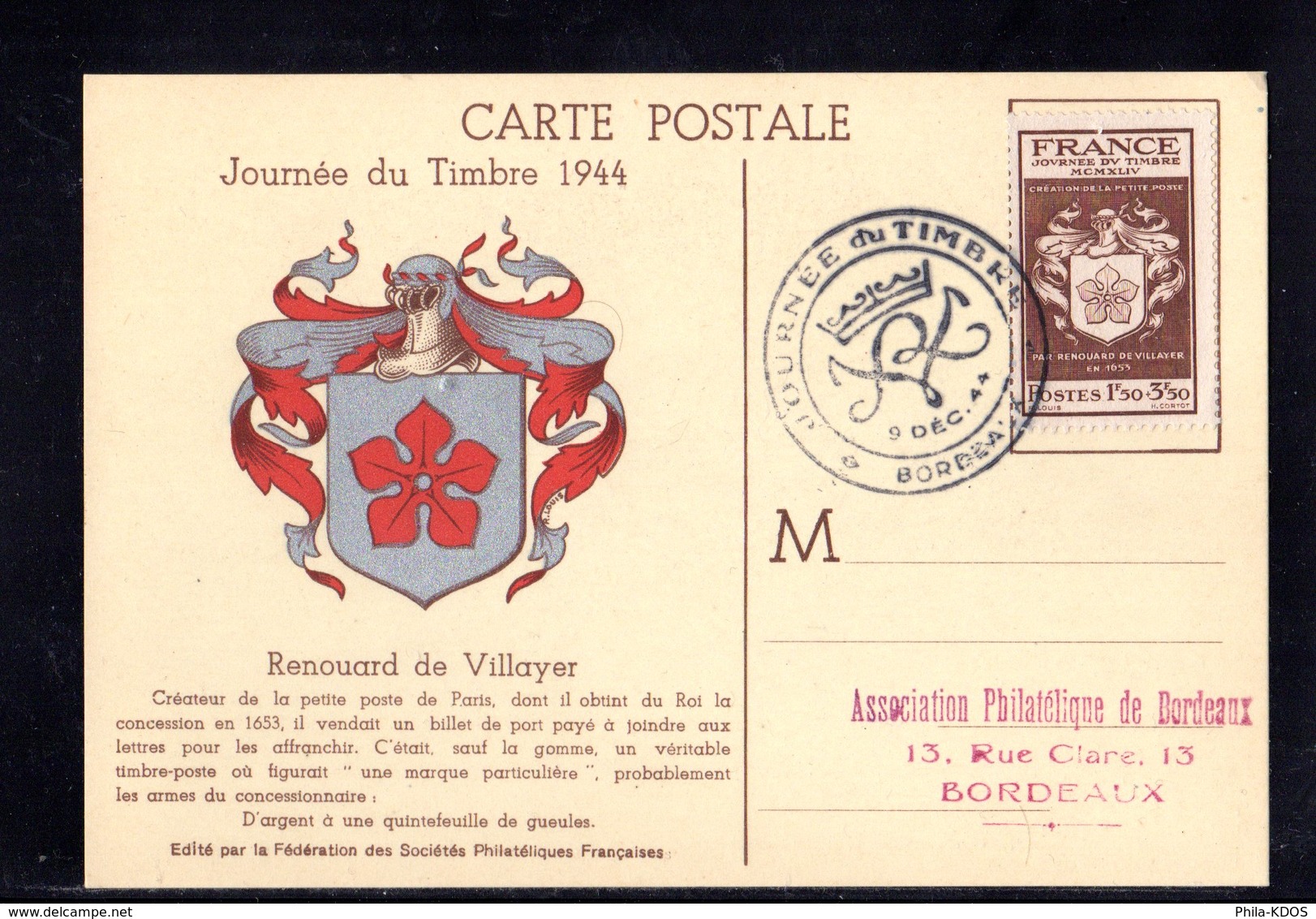 " JDT 1944 : L'ENTRAIDE FRANCAISE " Sur Carte Maximum De 1944 Obl. Bordeaux  N°YT 668 Voir Les 2 Scans Parfait état CM - 1940-1949