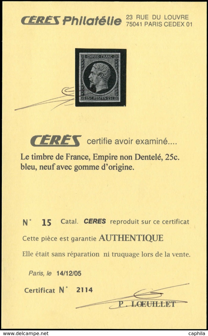 * FRANCE - Poste - 15, Signé Calves Et Miro, Certificat Cérès: 25c. Bleu - 1853-1860 Napoléon III