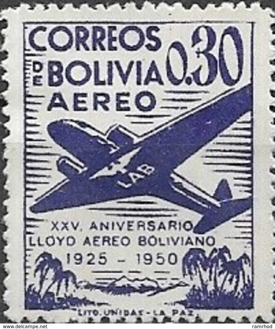 BOLIVIA 1950 Air. 25th Anniversary Of Lloyd Aereo Boliviano - 30c Douglas DC-2 MH - Bolivia