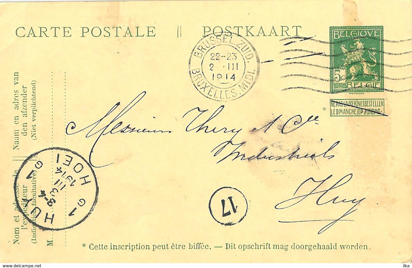 E.P. - Pk. 5 Cent. Pellens - Afgest./obl. Bruxelles. Midi 2/03/1914 >> Huy 1G. - Postkarten 1909-1934