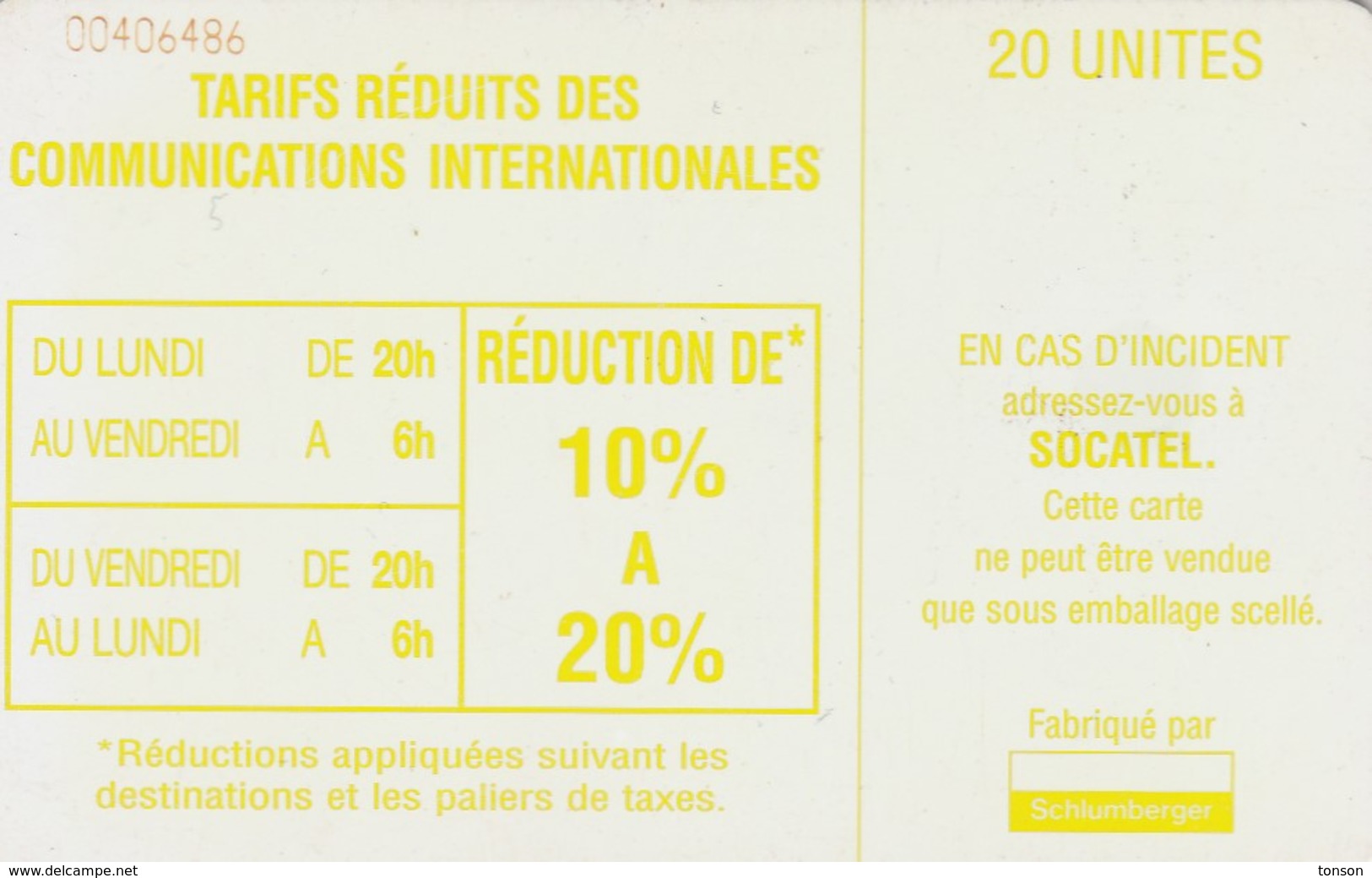 Central African Republic, CF-SOC-0016, Yellow Logo - Telephone Tarifs, 2 Scans. - República Centroafricana