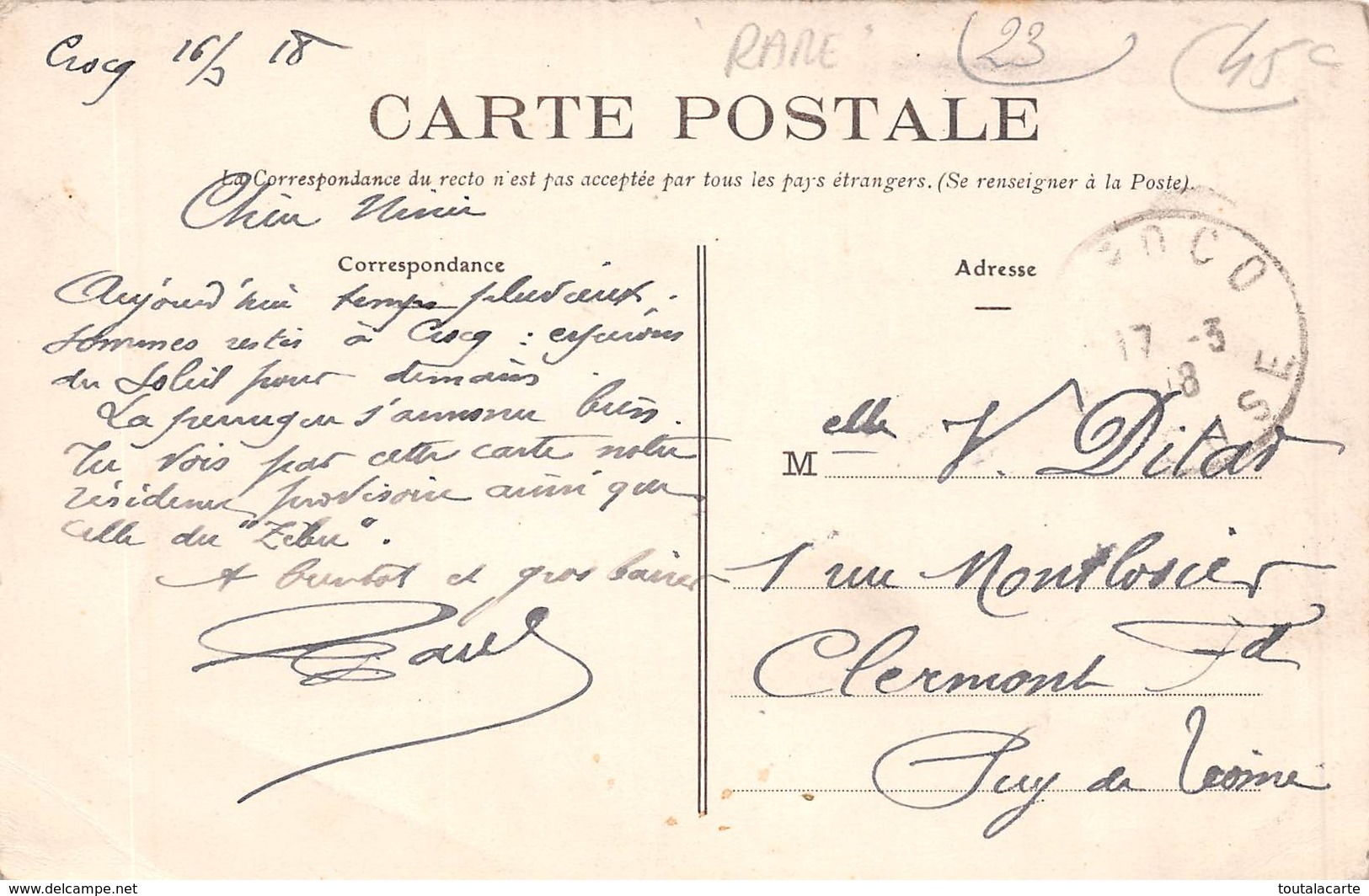 CPA 23 CROCQ HOTEL FAGOT  1918   Rare - Crocq