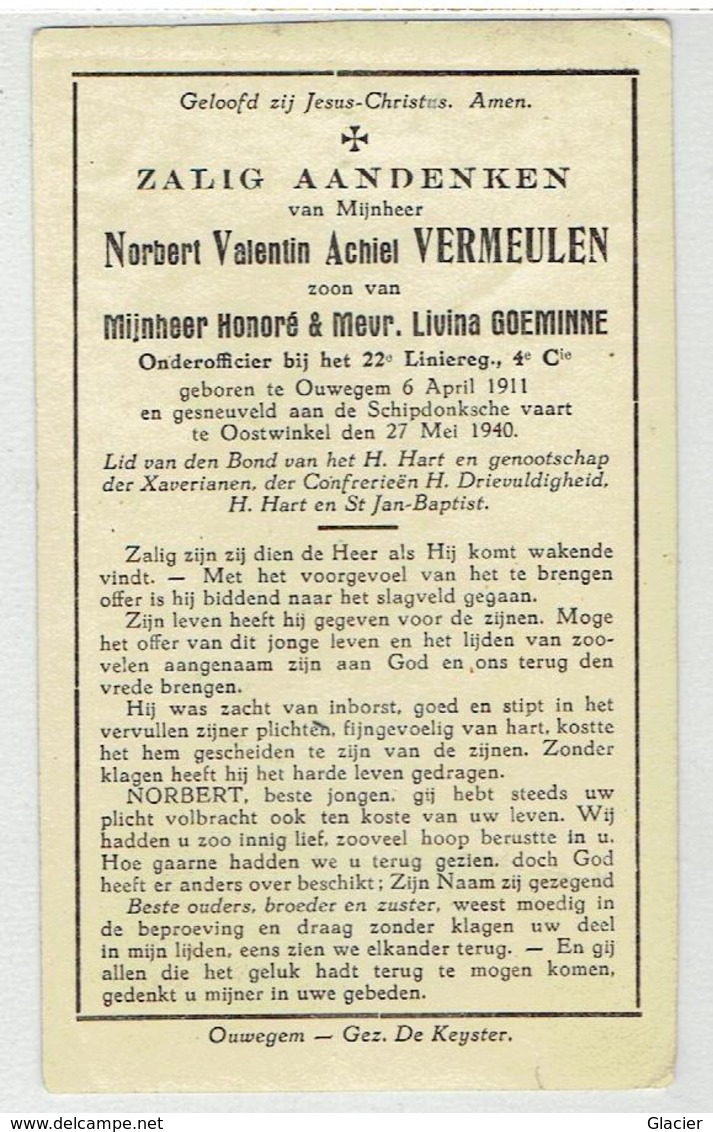 Norbert Valentin Achiel VERMEULEN °Ouwegem 1911 - Onderofficier 22e Linie-Regt - Gesneuveld  Te Oostwinkel 1940 - Todesanzeige