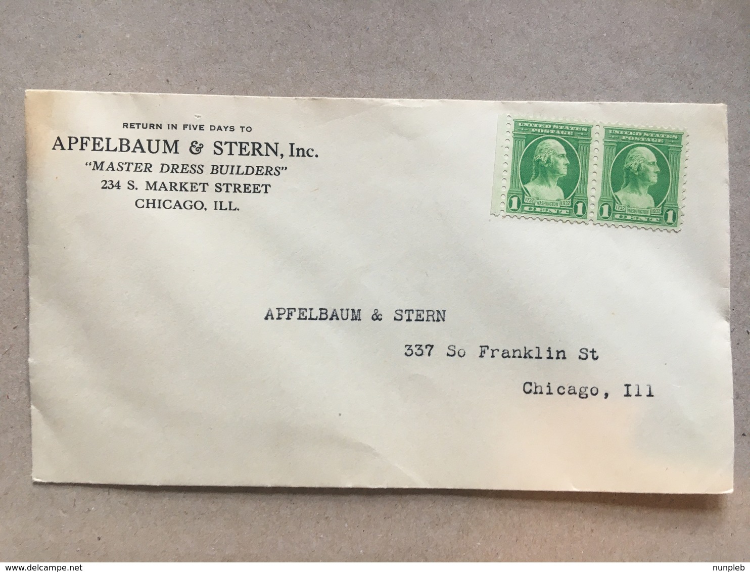 USA Unused Return Envelope 1932 Apfelbaum & Stern `Master Dress Builders` Chicago - Covers & Documents