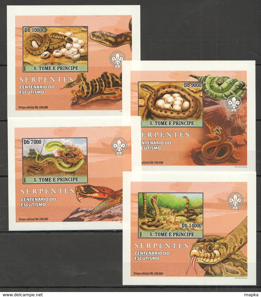 Y431 !!! IMPERFORATE 2007 S.TOME PRINCIPE REPTILES SNAKE SERPENTES 4 LUX BL MNH - Serpents