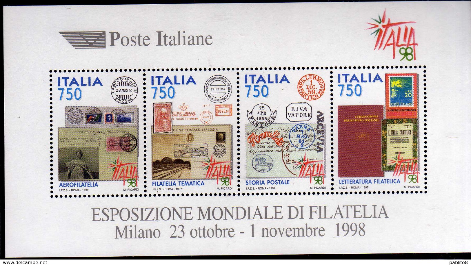 ITALIA REPUBBLICA ITALY 1997 EXPO ESPOSIZIONE MONDIALE FILATELIA STAMP EXHIBITION 98 BLOCCO FOGLIETTO BLOCK SHEET MNH - Blocks & Sheetlets