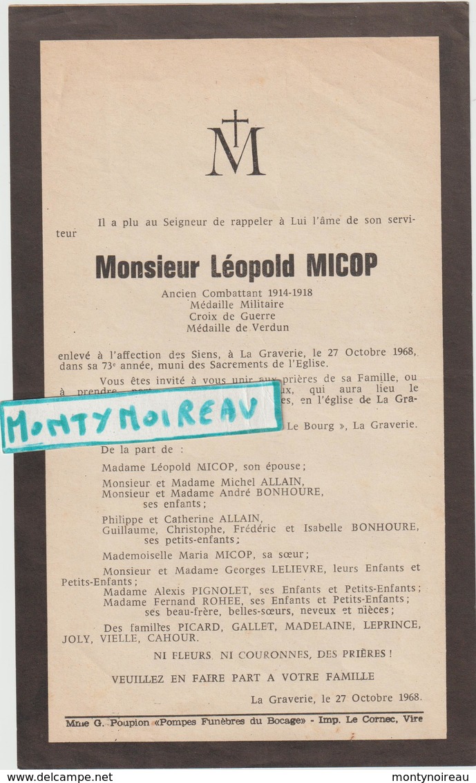 DAV : Vieux Papier : Décès : Env.. De Vire , Calvados  : La  Graverie  1968 - Décès