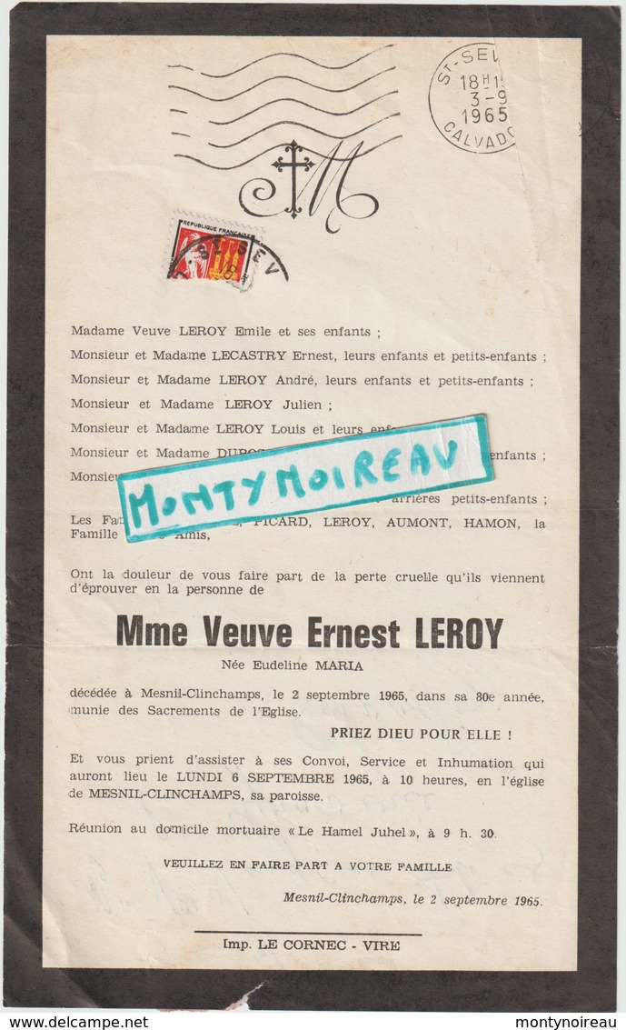 DAV : Vieux Papier : Décès : Env.. De Vire , Calvados  :  Mesnil- Clinchamps , 1965 - Décès