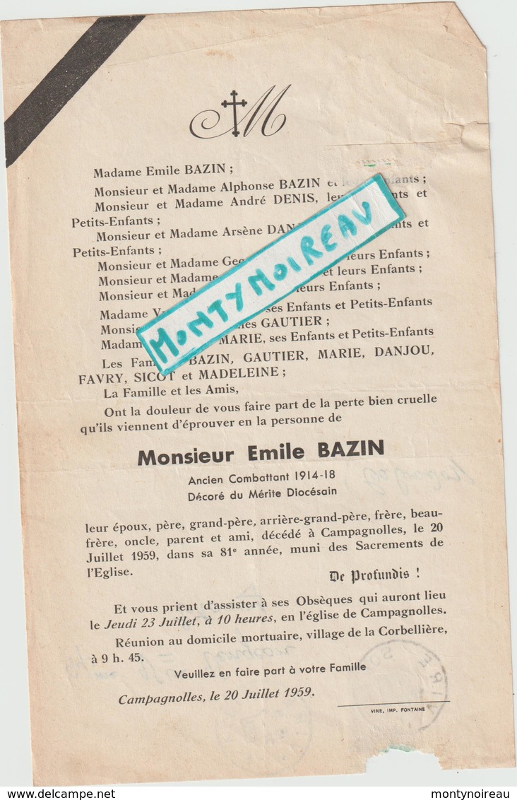 DAV : Vieux Papier : Décès :  Env. De  Vire ,Campagnolles , 1959 - Décès