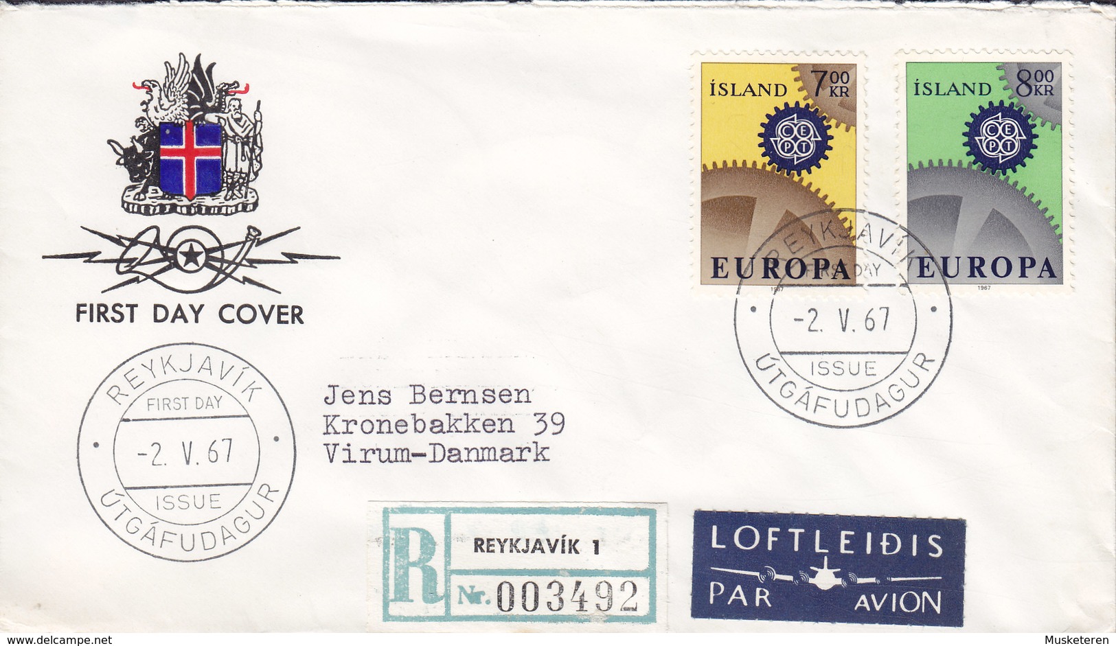 Iceland PAR AVION & Registered Labels REYKJAVIK FDC Cover 1967 Europa CEPT VIRUM Denmark Complete Set !! - FDC