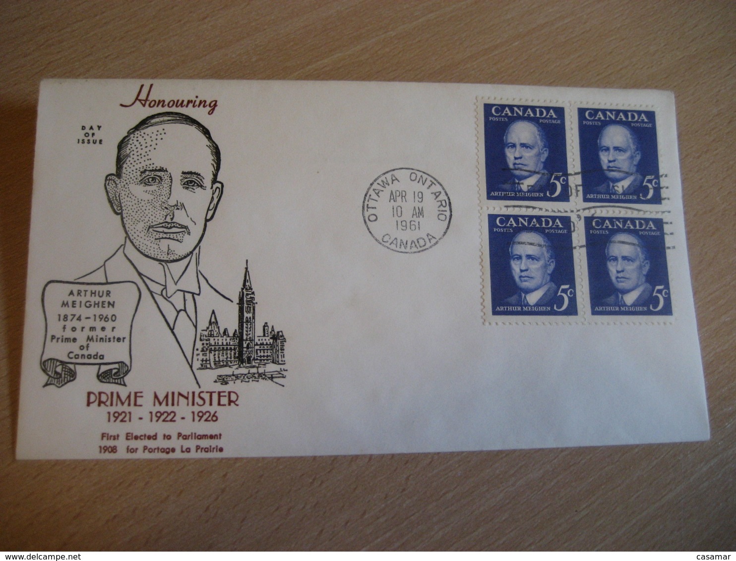 OTTAWA 1961 Yvert 320 Arthur Meighen Prime Minister FDC Cancel Cover CANADA - 1961-1970