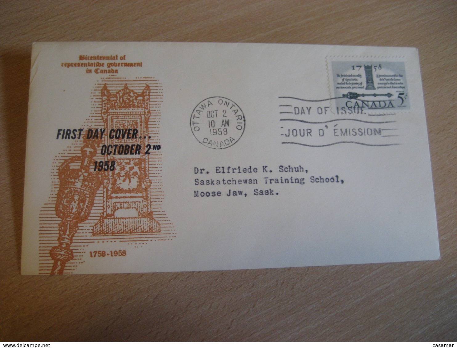 OTTAWA 1958 Yvert 309 First Elected Assembly Bicentennial FDC Cancel Cover CANADA - 1952-1960