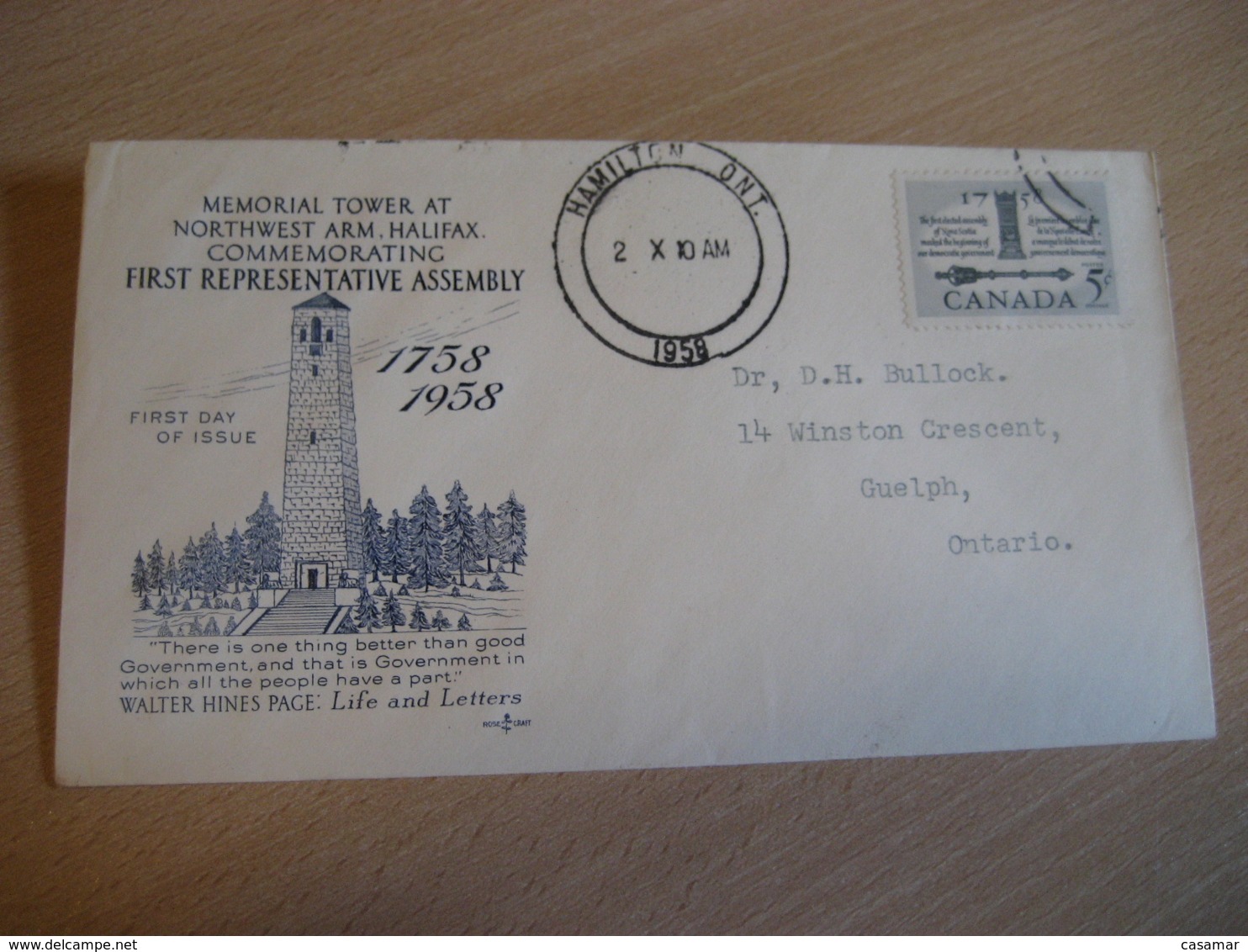 HAMILTON 1958 Yvert 309 Northwest Arm Halifax Tower First Elected Assembly Bicentennial FDC Cancel Cover CANADA - 1952-1960