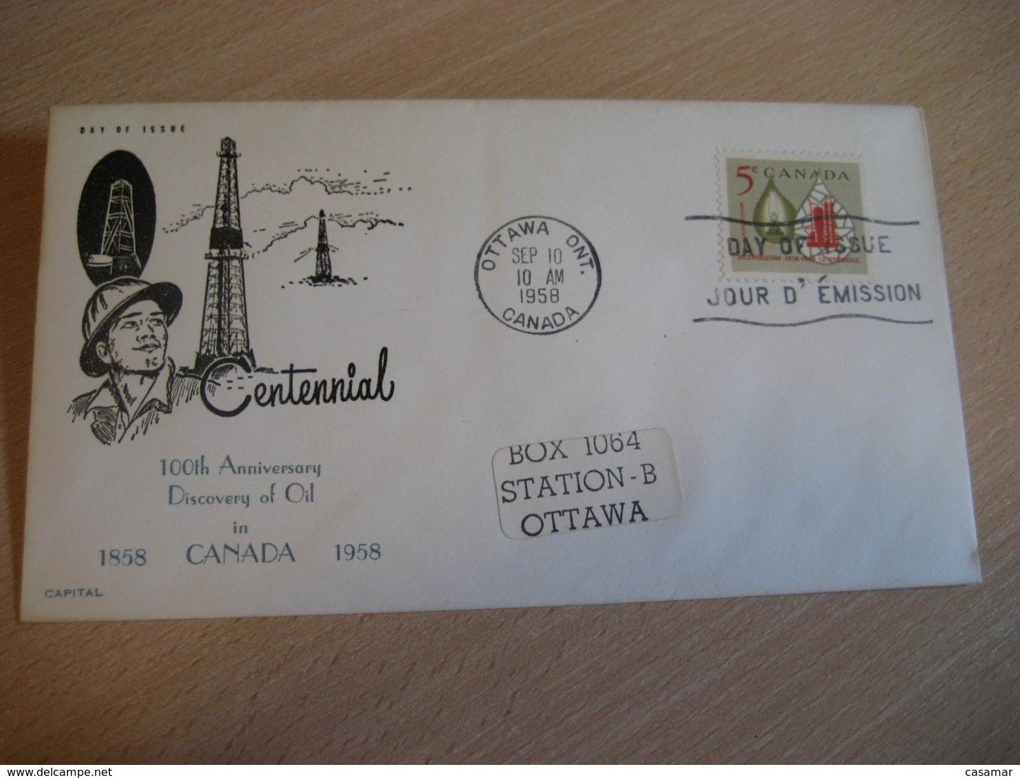 OTTAWA 1958 Yvert 308 Oil Petroleum Gas Geology Centennial FDC Cancel Cover CANADA - 1952-1960