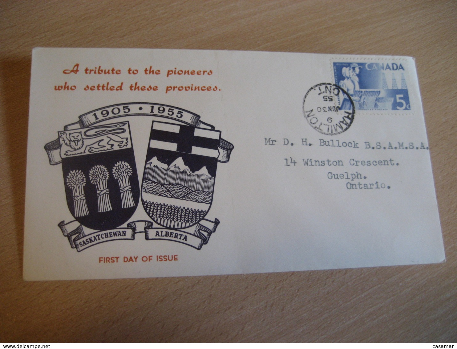 HAMILTON 1955 Yvert 282 Saskatchewan Alberta Coat Of Arms Heraldry FDC Cancel Cover CANADA - 1952-1960