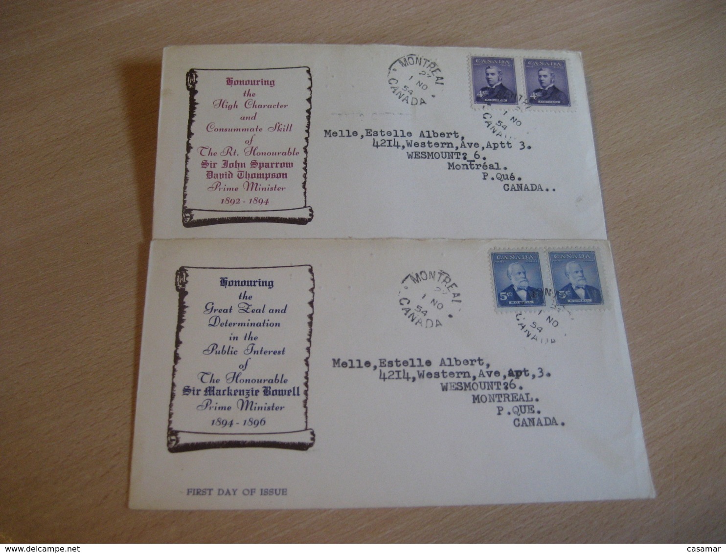MONTREAL 1954 Yvert 276/7 Bowell Thompson Prime Ministers 2 FDC Cancel Cover CANADA - 1952-1960