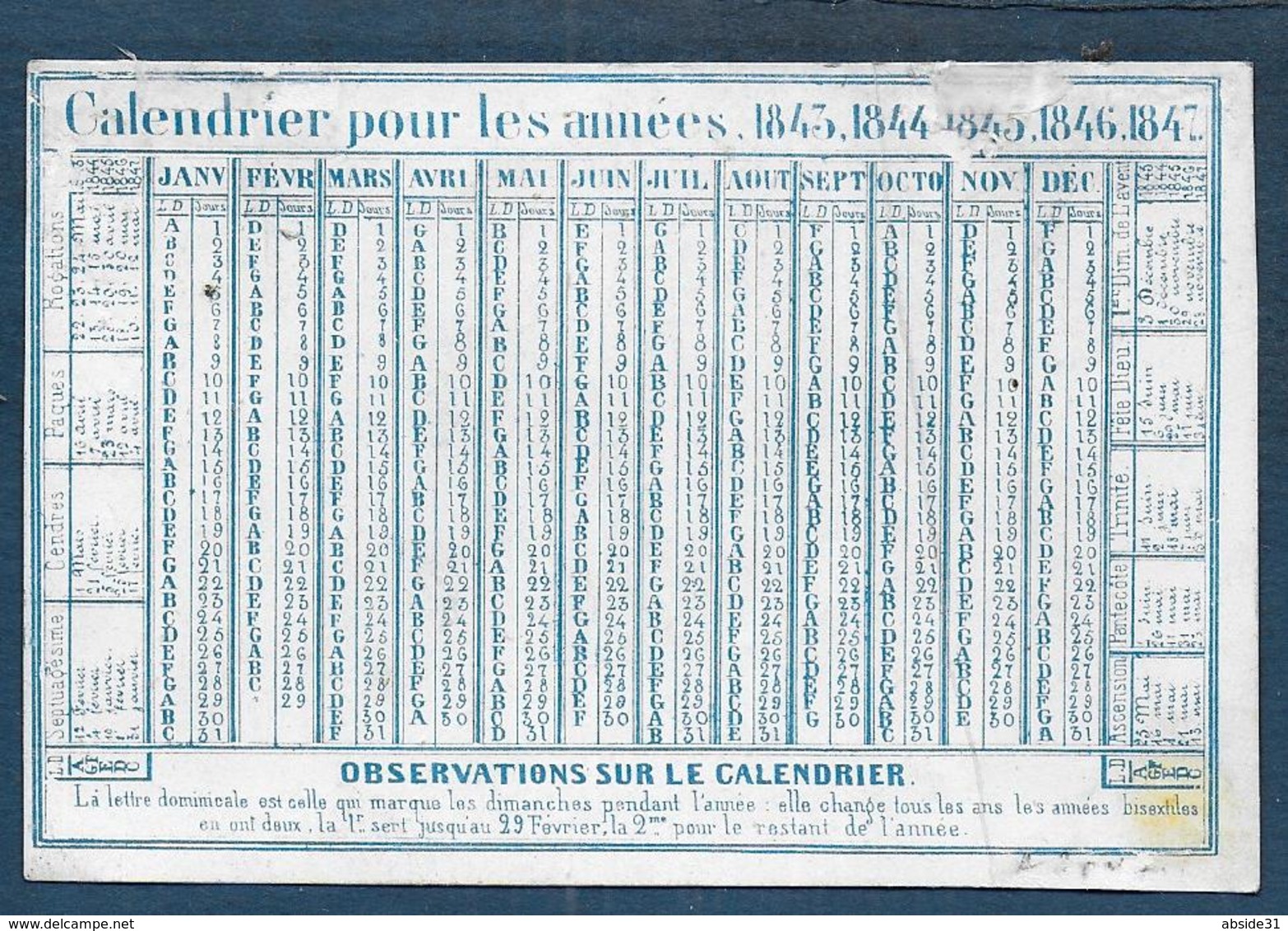 Calendrier Pour Les Années 1843 , 1844 , 1845 , 1846 , 1847 - Toulouse Hôtel Capoul - Tamaño Pequeño : ...-1900