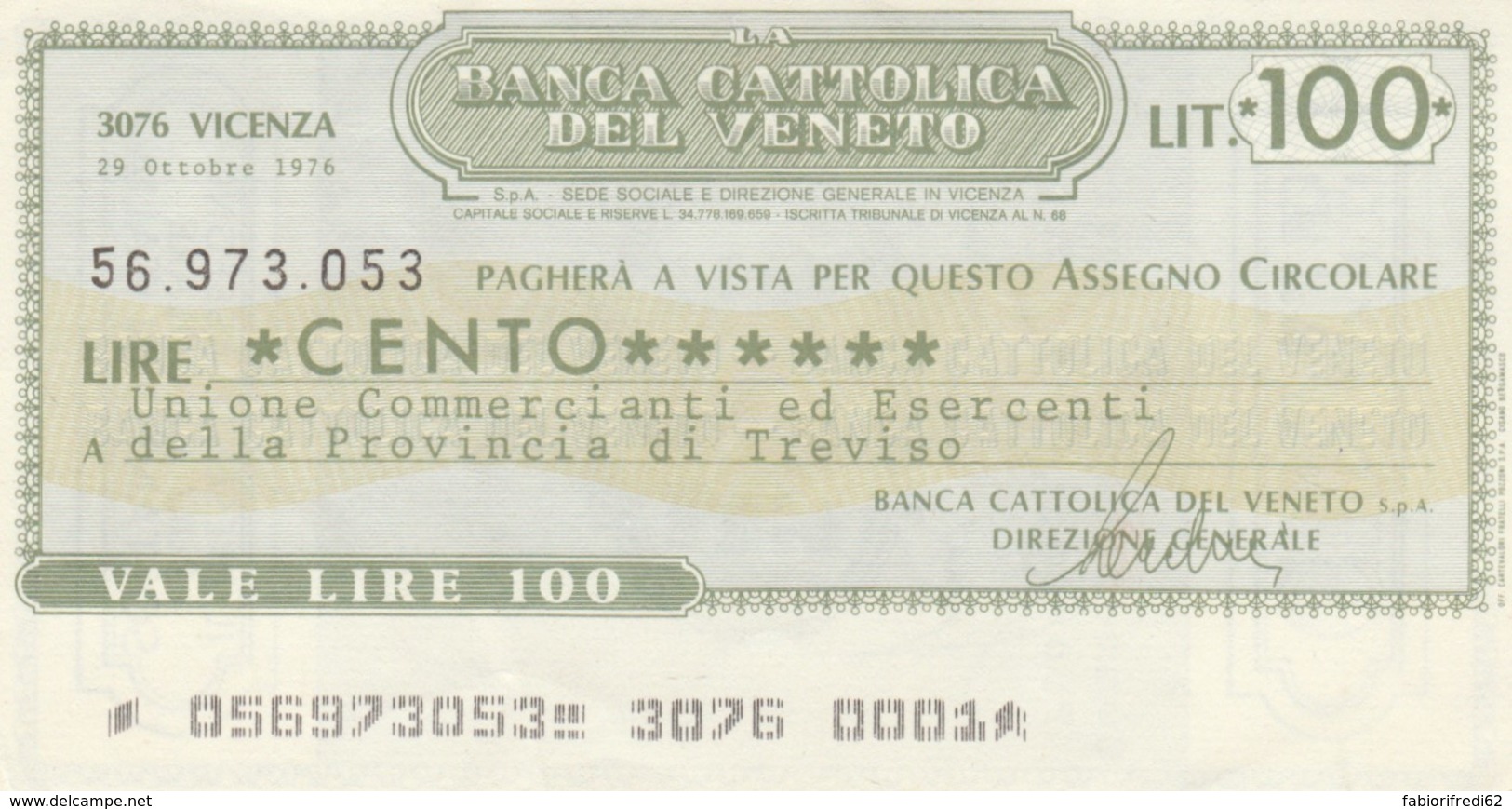 MINIASSEGNO BANCA CATTOLICA DEL VENETO UN COMM TREVISO L.100 QFDS (YM673 - [10] Assegni E Miniassegni