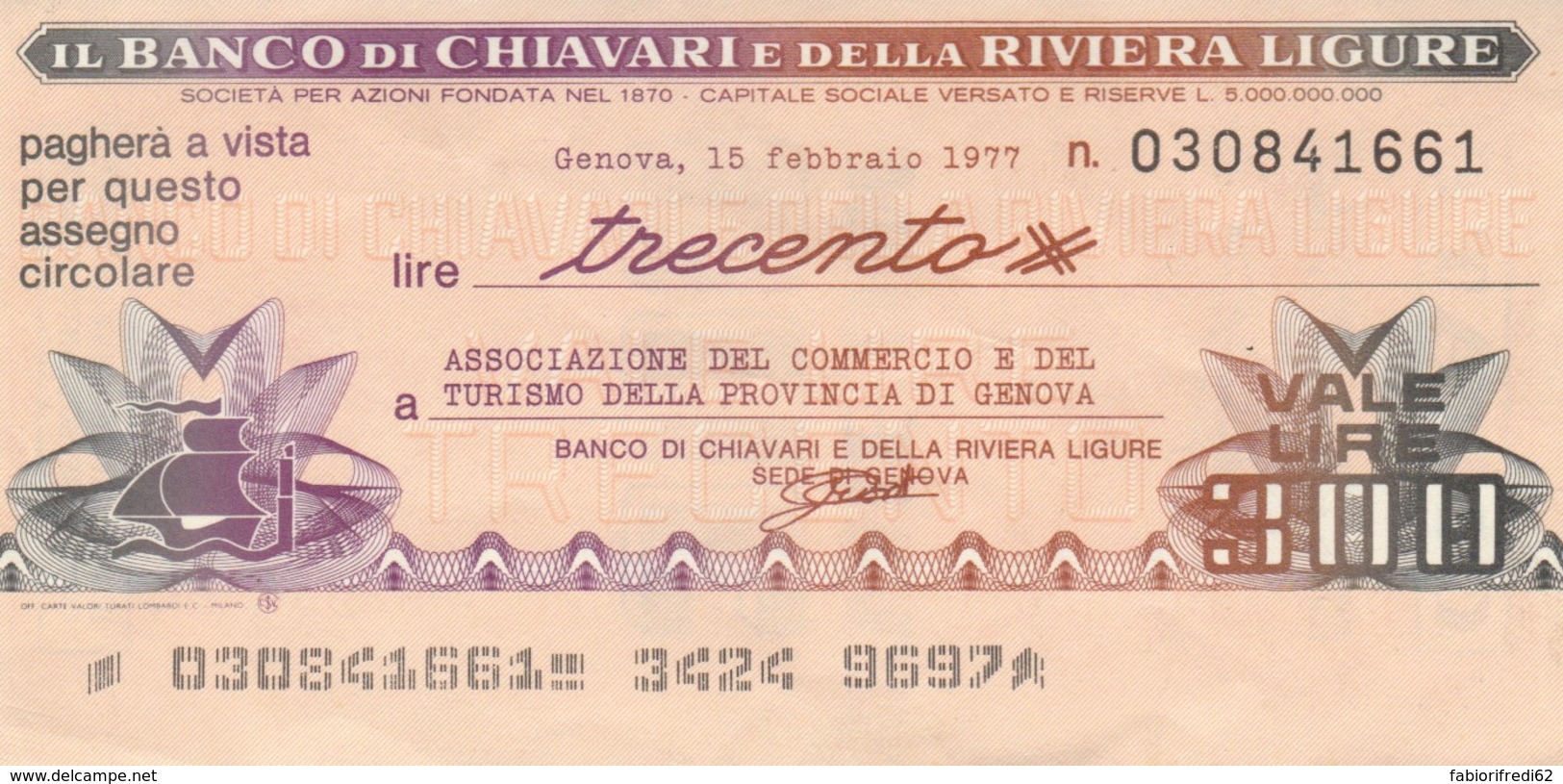 MINIASSEGNO BANCO CHIAVARI ASS COMM GENOVA L.300 CIRCOLATO (YM775 - [10] Chèques