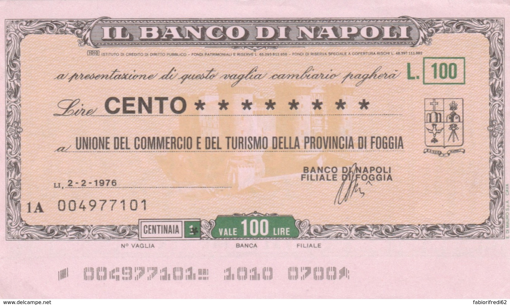 MINIASSEGNO BANCO DI NAPOLI UN COMM FOGGIA L.100 FDS (YM630 - [10] Assegni E Miniassegni