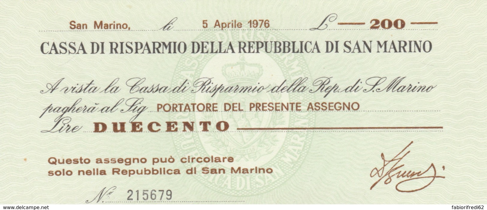 MINIASSEGNO CASSA RISPARMIO SAN MARINO PORTATORE L.200 FDS (YM647 - [10] Assegni E Miniassegni