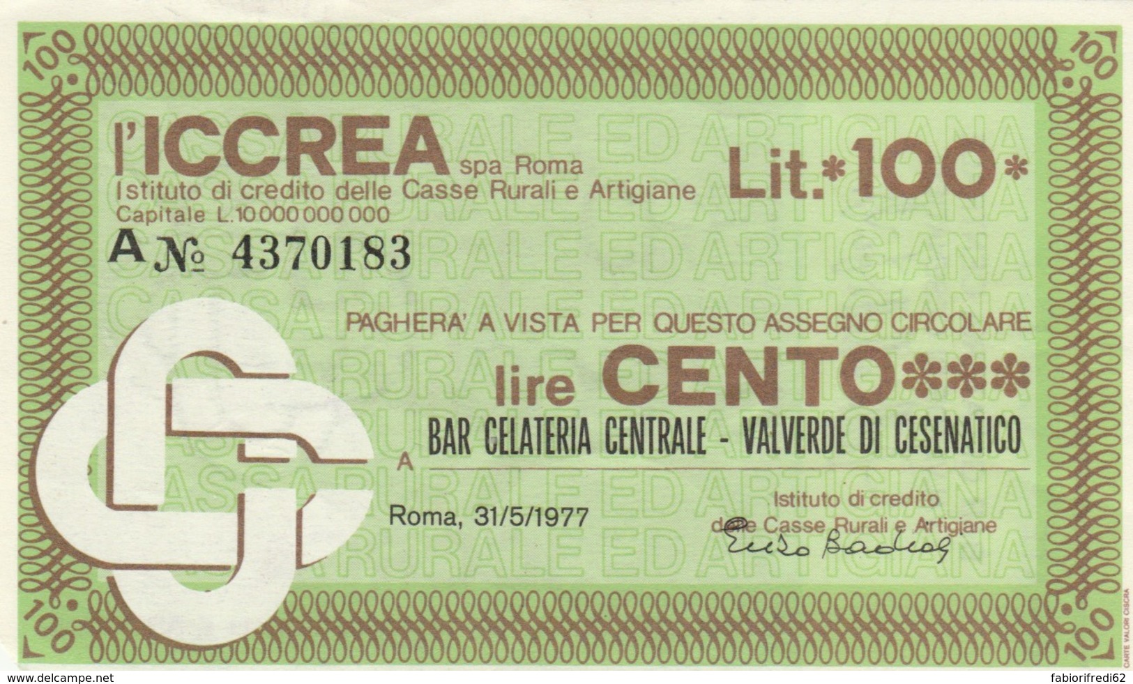 MINIASSEGNO ICCREA BAR GELATERIA VALVERDE CESENATICO L.100 QFDS (YM699 - [10] Scheck Und Mini-Scheck