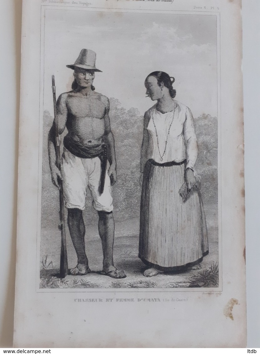 Chasseur Et Femme D'Umata (île De Guam) Belle Gravure 19e Micronesie - Colecciones