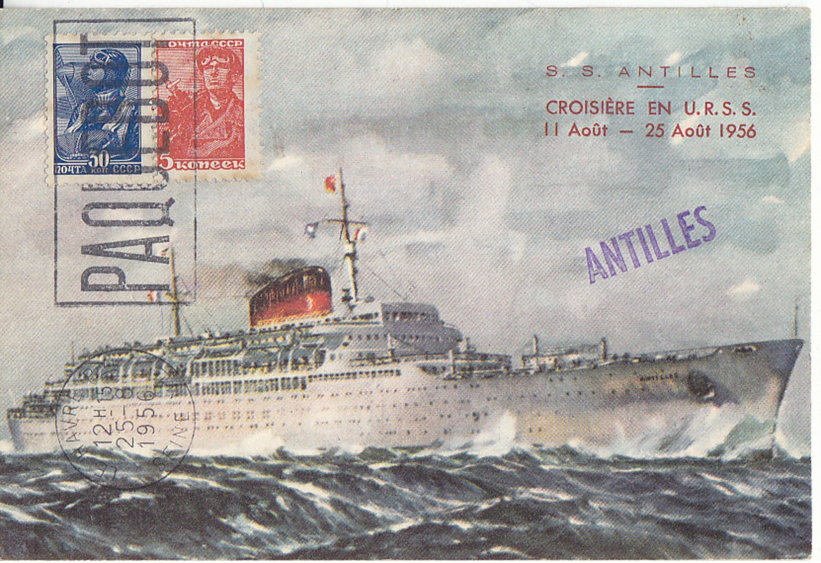 Le Havre , Flamme Paquebot Sur Tp Russes , Croisiére Du Paquebot Antilles , 1956 , 2 Scans - Mechanische Stempels (reclame)