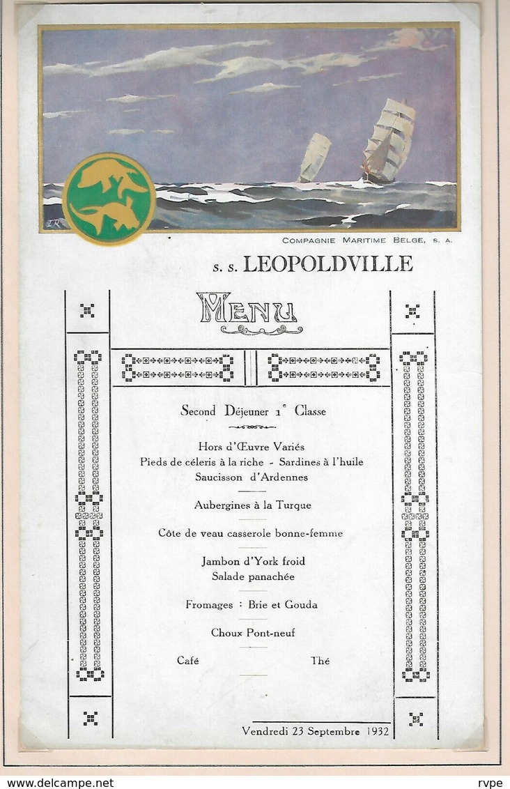 Ancien MENU De 1932 Paquebot LEOPOLDVILLE - Menus