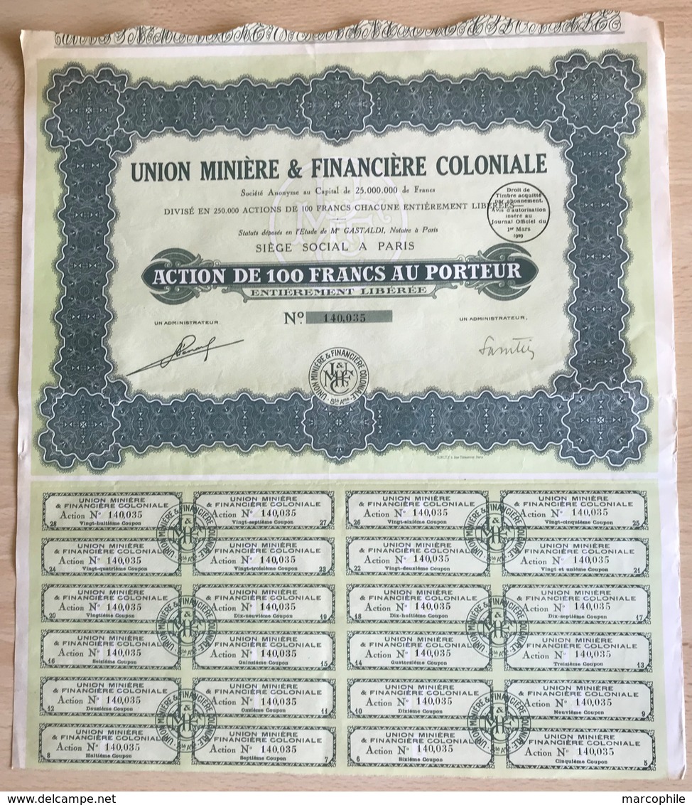 UNION MINIERE & FINANCIERE COLONIALE / 1929 LOT DE 2 ACTIONS DE 100 FRANCS  (ref GF168) - Mines