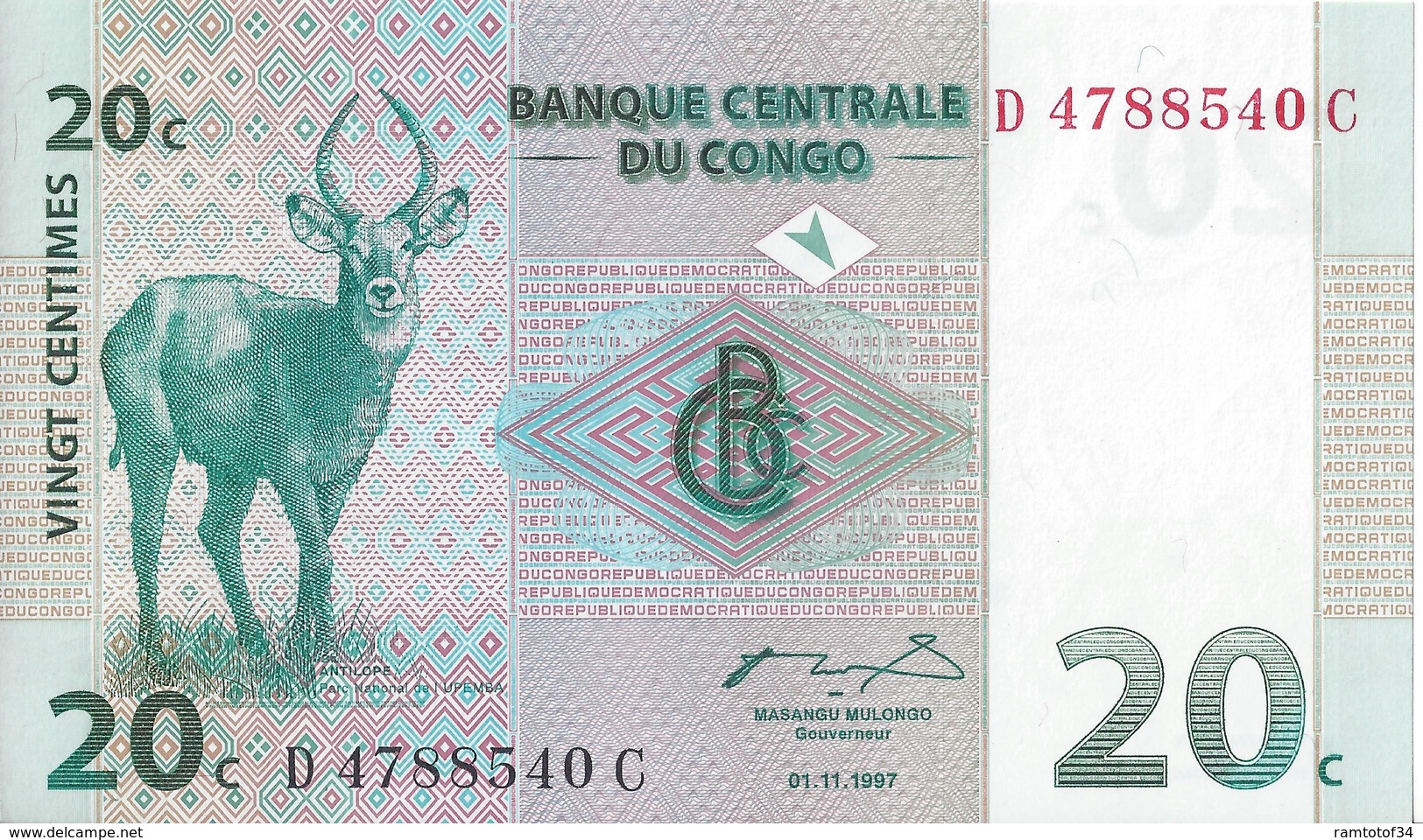 CONGO - 20 Cts 1997 UNC - Democratic Republic Of The Congo & Zaire