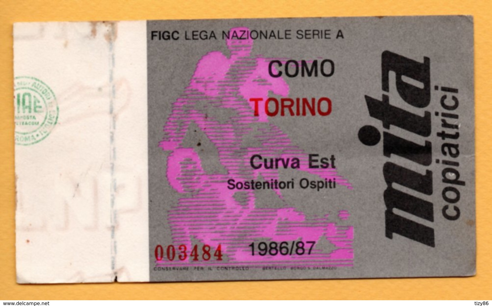 Biglietto Ingresso Stadio Como-Torino 1986/87 - Tickets - Entradas