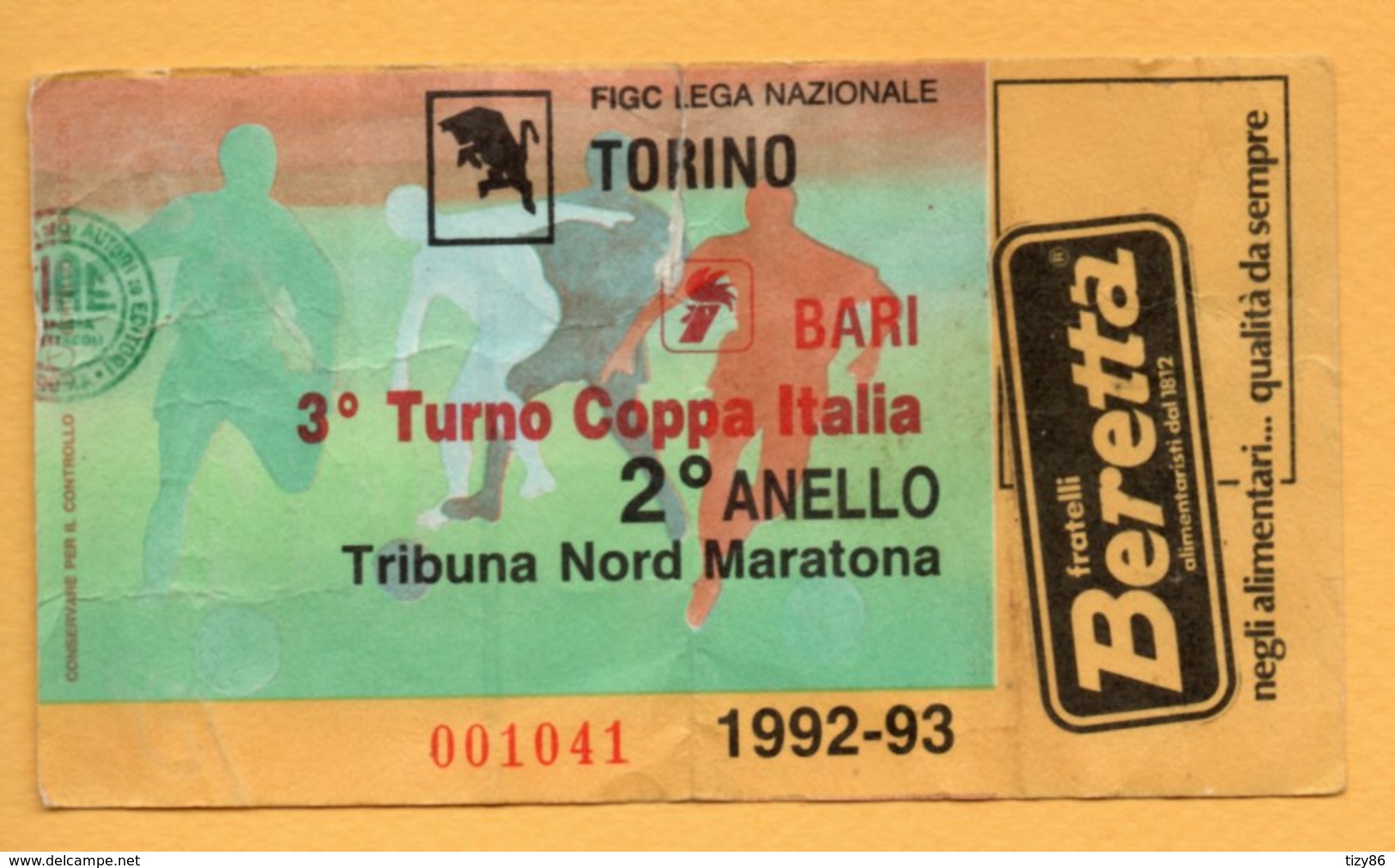 Biglietto Ingresso Stadio Torino-Bari 1992/93 - Tickets - Vouchers