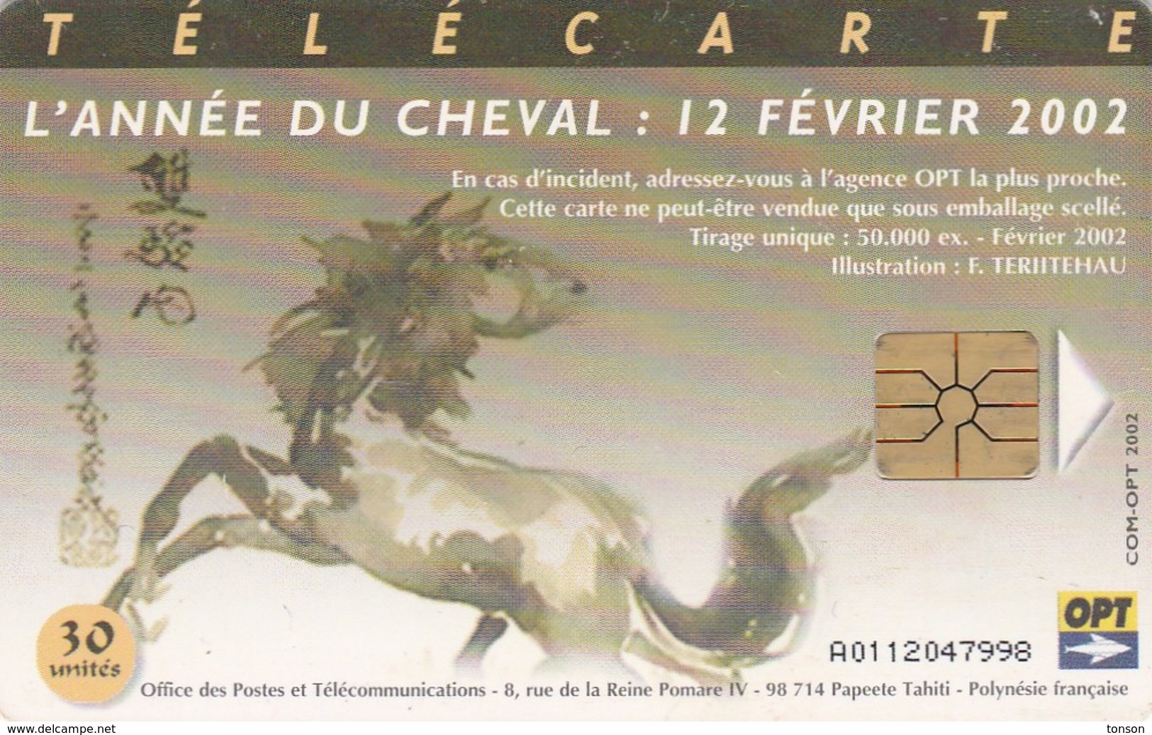 French Polynesia, FP125 6IMP, L'année Du Cheval: 12 Février 2002, 2 Scans. - Polynésie Française