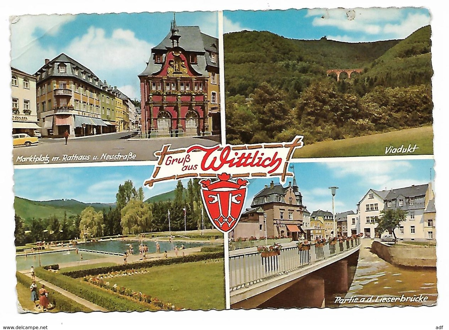 CPSM GRUSS AUS WITTLICH, MARKTPLATZ M. RATHAUS U. NEUSTRASSE, VIADUKT, PARTIE A.D. LISERBRUCKE, ALLEMAGNE - Wittlich