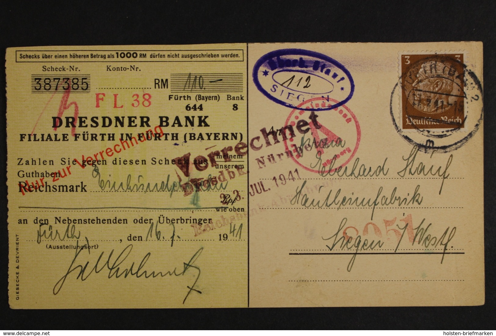 Deutsches Reich, Scheck Der Dresdner Bank Ab Fürth Nach Siegen, 1941 - Covers & Documents