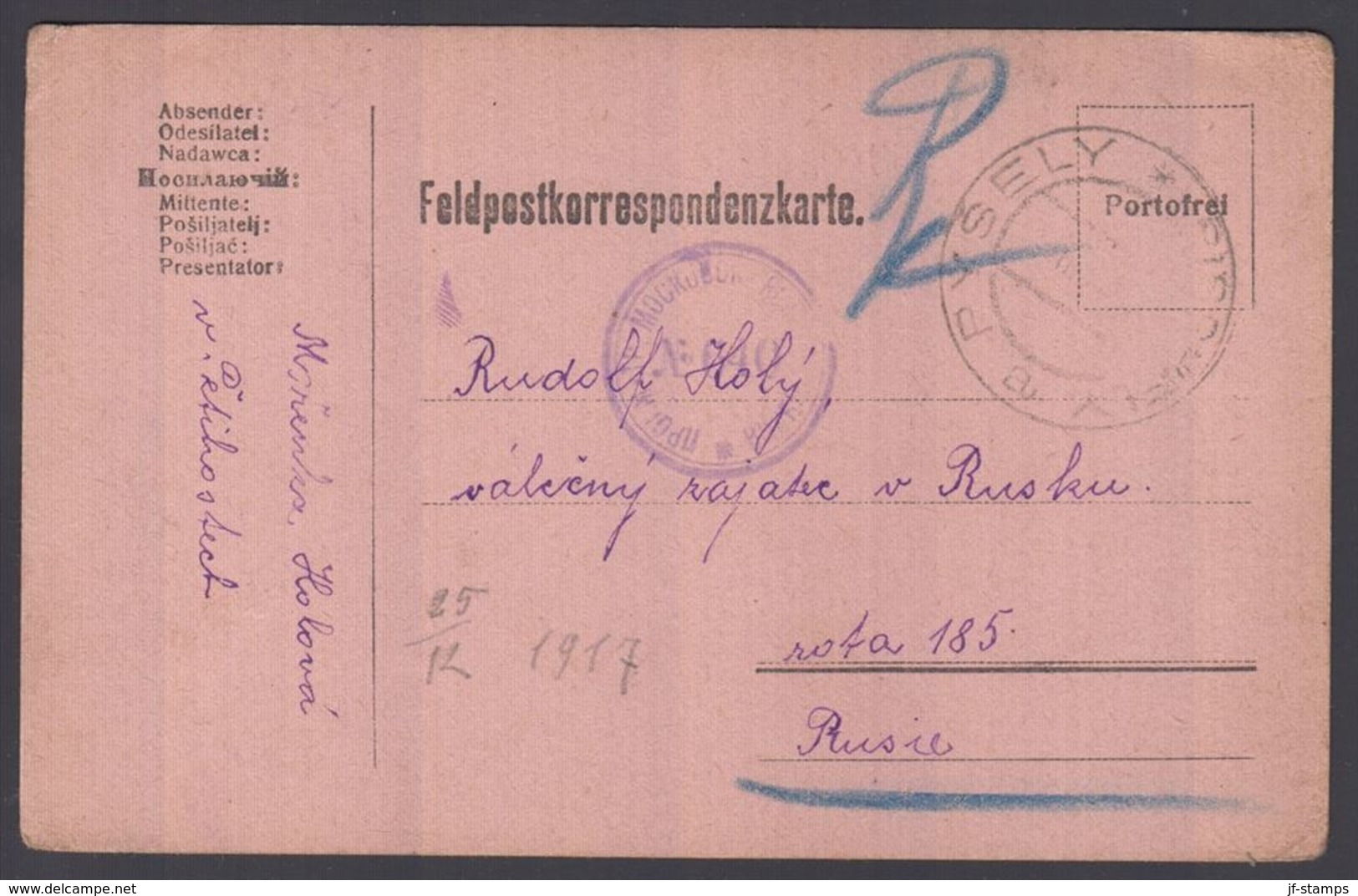 1914. ÖSTERREICH Feldpostkorrespondenzkarte From PYSELY 1917  To Rota 185 Rusie. () - JF195234 - Autres & Non Classés