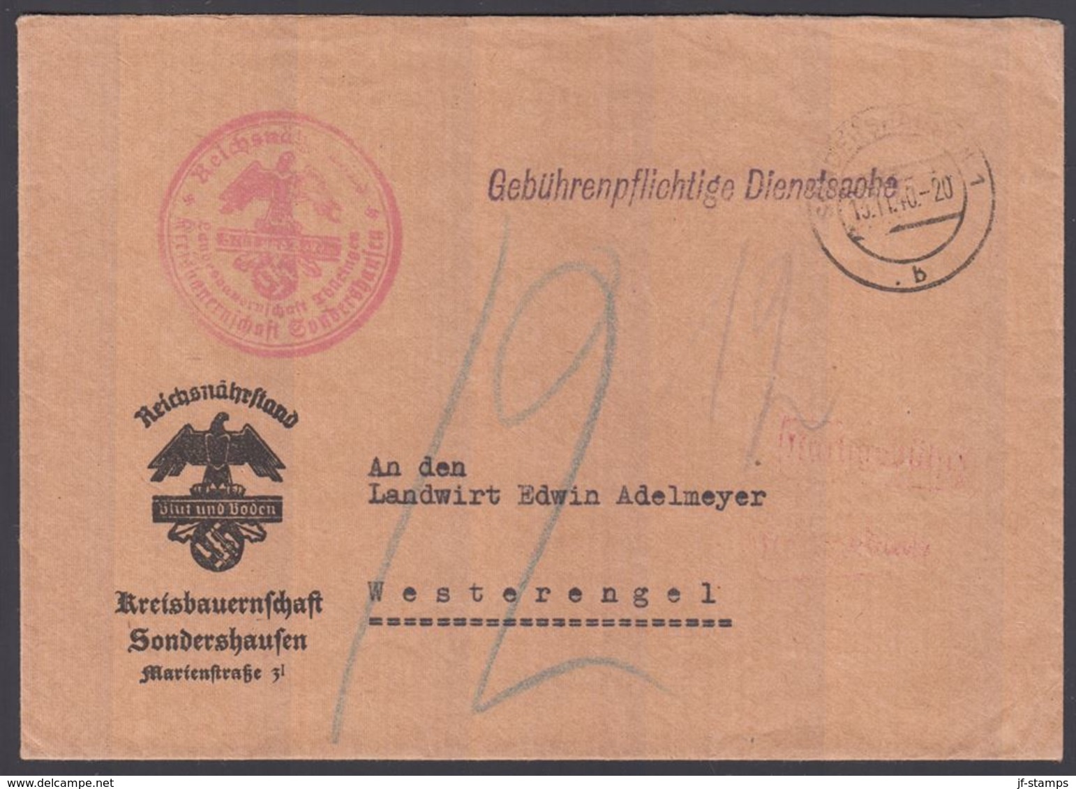 1940. DEUTSCHES REICH. Gebührenpflichtige Dienstsache Kreisbauernschaft Sondershausse... () - JF195315 - Agriculture
