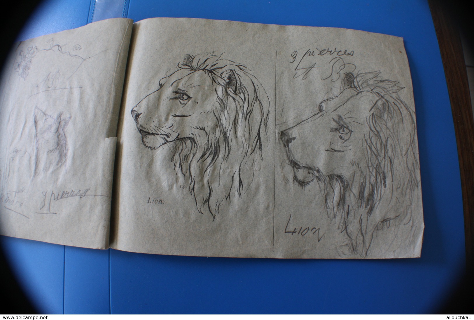 MONIEUX 84-1870 TRÈS ANCIEN CAHIER DE DESSIN MODÈLES A DESSINER-BICHE-RHINO-OURS-CHAMOIS-CHEVREUIL-LOUP-GIRAFE-CERF-LION