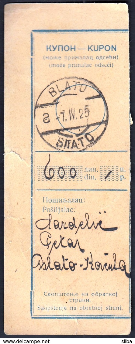 Kingdom Of Yugoslavia Blato Korcula 1925 / Kupon, Coupon / Postal Money Order / Postanska Uputnica - Correo Postal