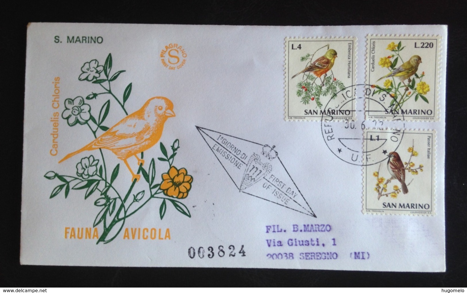 San Marino, Circulated FDC, « FAUNA », « BIRDS », 1972 - FDC