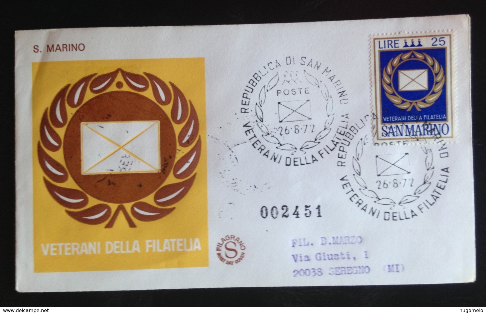 San Marino, Registered Circulated FDC, « Veterani Della Filatelia », 1972 - FDC