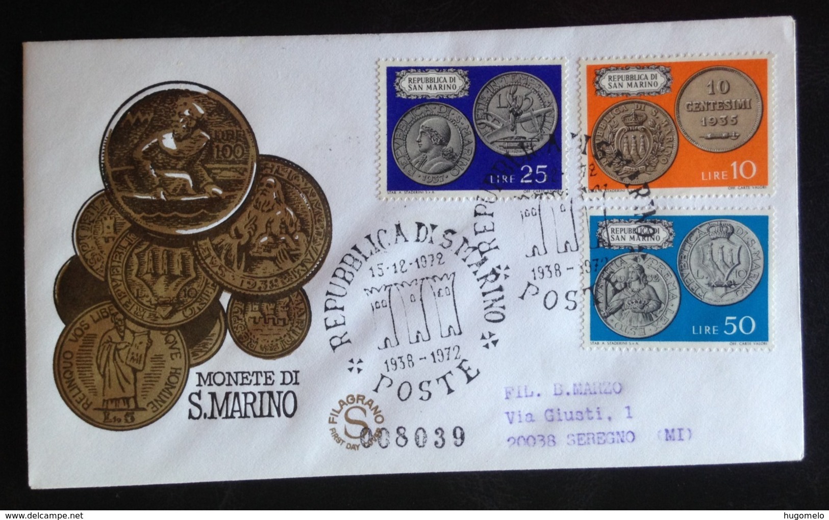 San Marino, Registered Circulated FDC, « MONETE DI S. MARINO », « Coins On Stamps »1972 - FDC